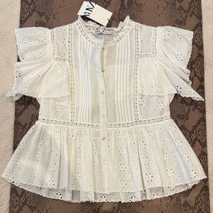 Zara Cream Eyelet Ruffle Peplum Top